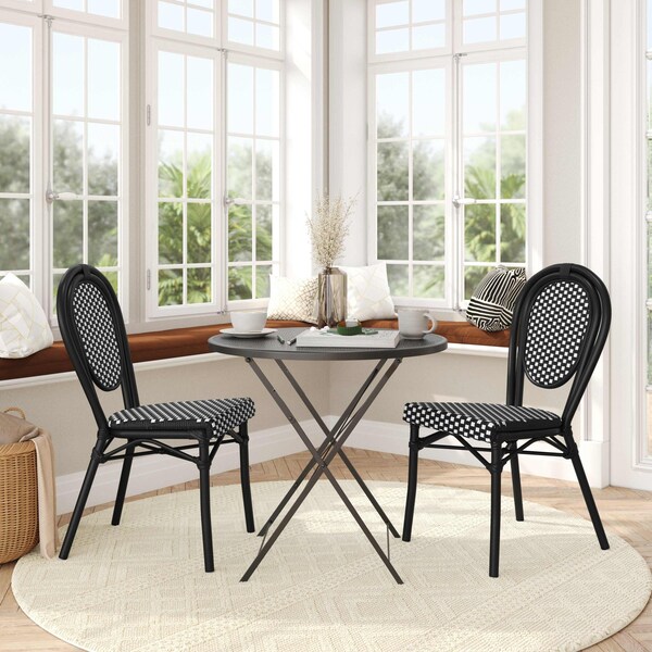 Flash Furniture Lourdes Thonet French Bistro Stacking Chair, Black and White PE Rattan and Black Alum Frame, 2PK - 2-SDA-AD642002S-BKWH-BK-GG