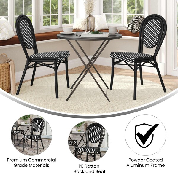 Flash Furniture Lourdes Thonet French Bistro Stacking Chair, Black and White PE Rattan and Black Alum Frame, 2PK - 2-SDA-AD642002S-BKWH-BK-GG