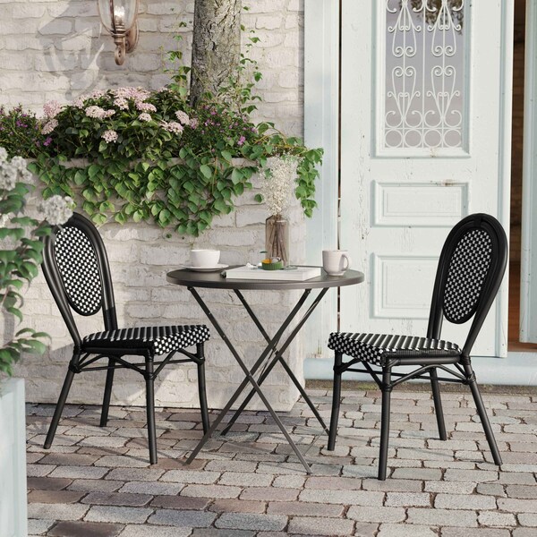 Flash Furniture Lourdes Thonet French Bistro Stacking Chair, Black and White PE Rattan and Black Alum Frame, 2PK - 2-SDA-AD642002S-BKWH-BK-GG