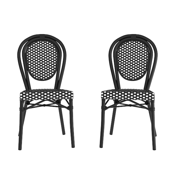 Flash Furniture Lourdes Thonet French Bistro Stacking Chair, Black and White PE Rattan and Black Alum Frame, 2PK - 2-SDA-AD642002S-BKWH-BK-GG