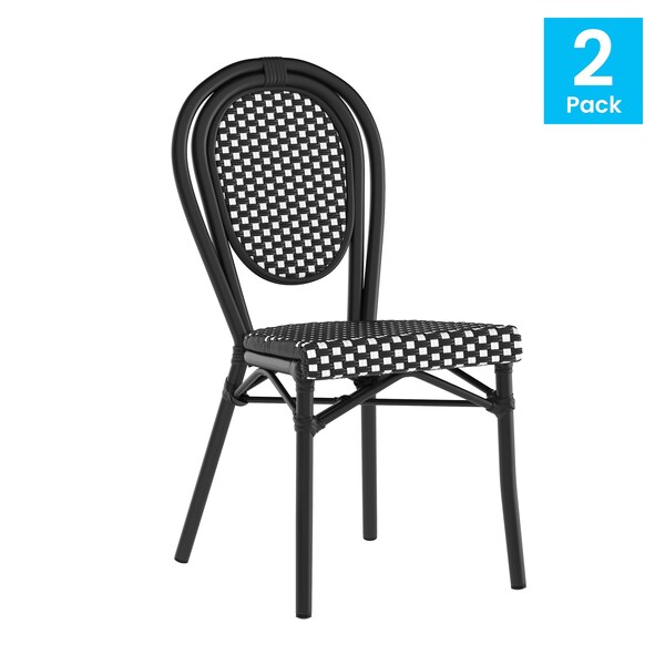 Flash Furniture Lourdes Thonet French Bistro Stacking Chair, Black and White PE Rattan and Black Alum Frame, 2PK - 2-SDA-AD642002S-BKWH-BK-GG