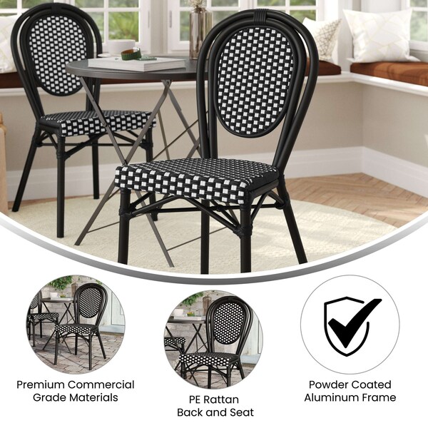 Flash Furniture Lourdes Thonet French Bistro Stacking Chair, Black and White PE Rattan and Black Aluminum Frame - SDA-AD642002S-BKWH-BK-GG