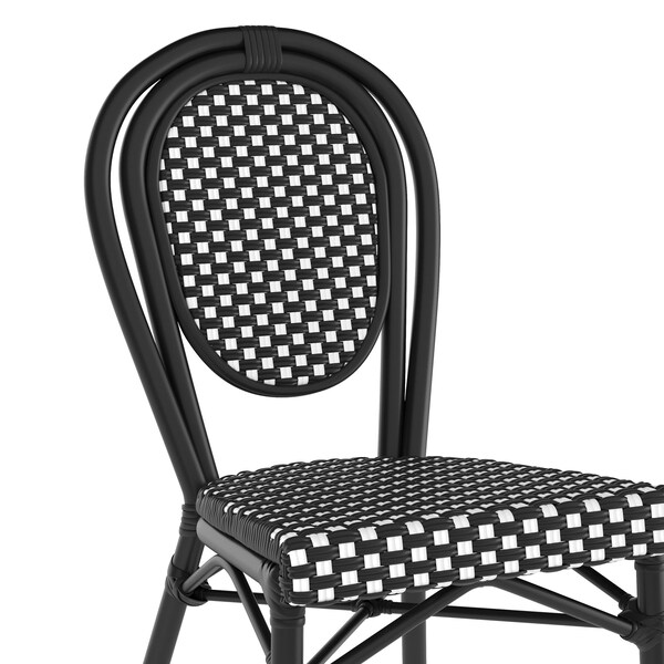 Flash Furniture Lourdes Thonet French Bistro Stacking Chair, Black and White PE Rattan and Black Aluminum Frame - SDA-AD642002S-BKWH-BK-GG