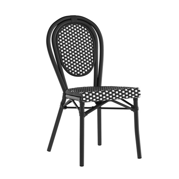 Flash Furniture Lourdes Thonet French Bistro Stacking Chair, Black and White PE Rattan and Black Aluminum Frame - SDA-AD642002S-BKWH-BK-GG