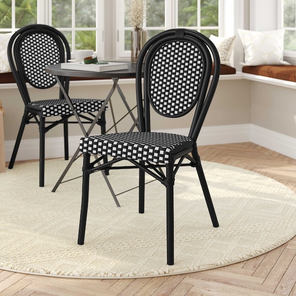 Flash Furniture Lourdes Thonet French Bistro Stacking Chair, Black and White PE Rattan and Black Aluminum Frame - SDA-AD642002S-BKWH-BK-GG