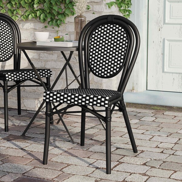 Flash Furniture Lourdes Thonet French Bistro Stacking Chair, Black and White PE Rattan and Black Aluminum Frame - SDA-AD642002S-BKWH-BK-GG