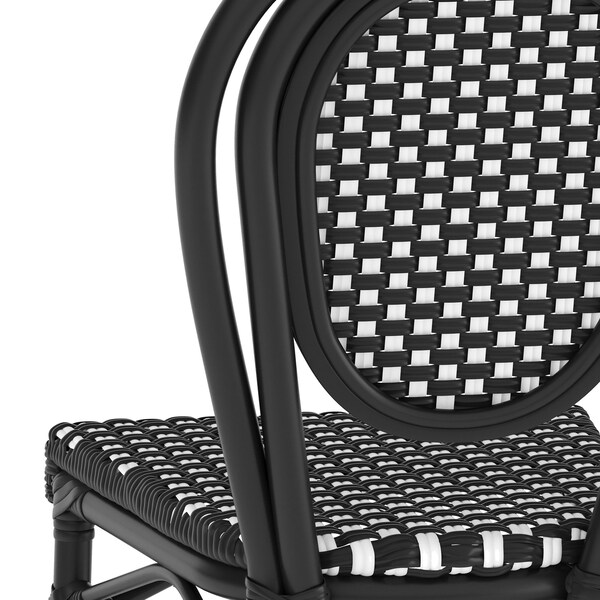 Flash Furniture Lourdes Thonet French Bistro Stacking Chair, Black and White PE Rattan and Black Aluminum Frame - SDA-AD642002S-BKWH-BK-GG