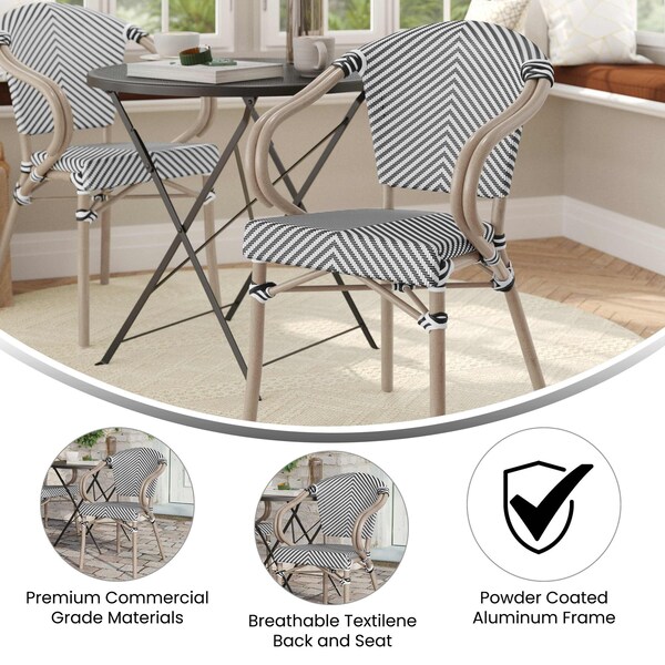 Flash Furniture Marseille French Bistro Stacking Chair w/Arms, Black/White Textilene and Bamboo Print Alum Frame - SDA-ADS642108-BLKWH-LTNAT-GG