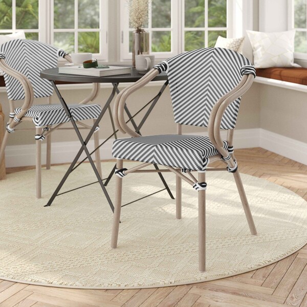 Flash Furniture Marseille French Bistro Stacking Chair w/Arms, Black/White Textilene and Bamboo Print Alum Frame - SDA-ADS642108-BLKWH-LTNAT-GG