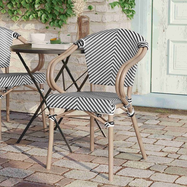 Flash Furniture Marseille French Bistro Stacking Chair w/Arms, Black/White Textilene and Bamboo Print Alum Frame - SDA-ADS642108-BLKWH-LTNAT-GG