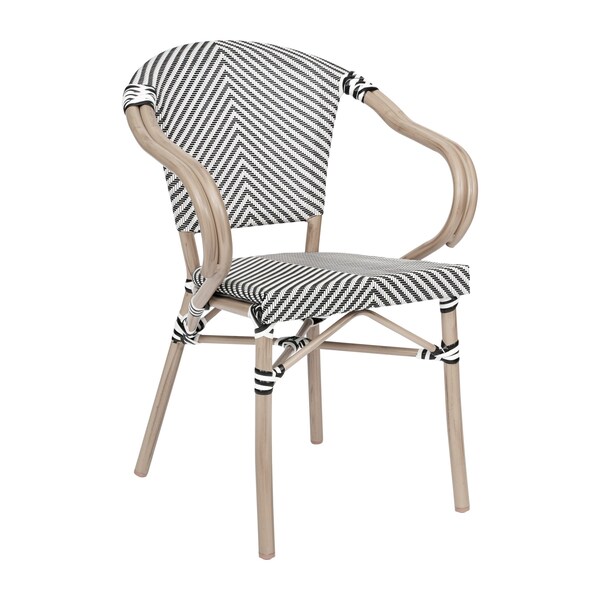 Flash Furniture Marseille French Bistro Stacking Chair w/Arms, Black/White Textilene and Bamboo Print Alum Frame - SDA-ADS642108-BLKWH-LTNAT-GG
