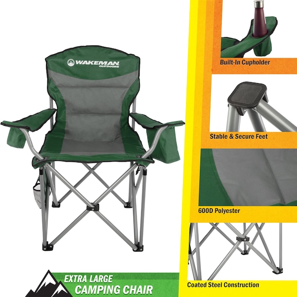 Wakeman Oversized Camping Chair - Heavy Duty Folding Chair with Cooler & Carry Bag by Wakeman Green - 75-CMP1126