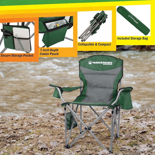 Wakeman Oversized Camping Chair - Heavy Duty Folding Chair with Cooler & Carry Bag by Wakeman Green - 75-CMP1126