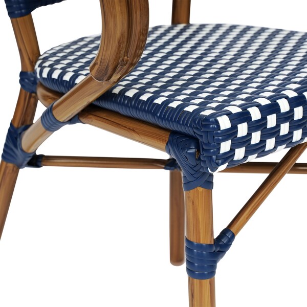 Flash Furniture Bordeaux French Bistro Stacking Chair w/Arms, Navy and White PE Rattan and Bamboo Print Alum Frame - SDA-ADS642142-NVYWH-NAT-GG