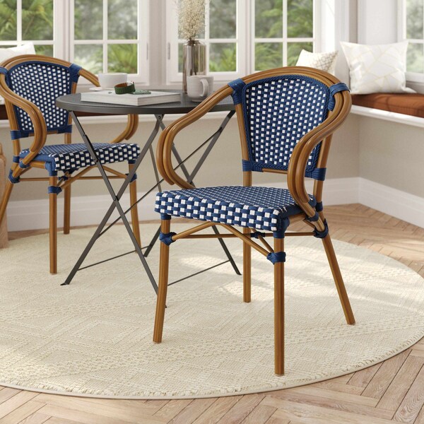 Flash Furniture Bordeaux French Bistro Stacking Chair w/Arms, Navy and White PE Rattan and Bamboo Print Alum Frame - SDA-ADS642142-NVYWH-NAT-GG