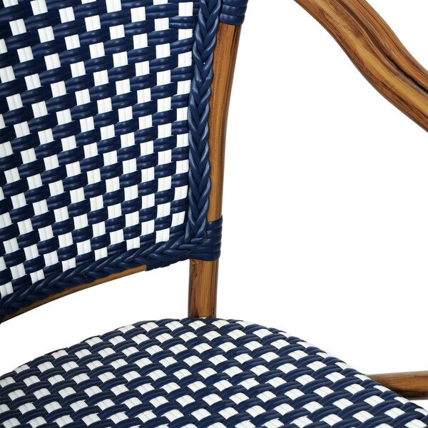 Flash Furniture Bordeaux French Bistro Stacking Chair w/Arms, Navy and White PE Rattan and Bamboo Print Alum Frame - SDA-ADS642142-NVYWH-NAT-GG