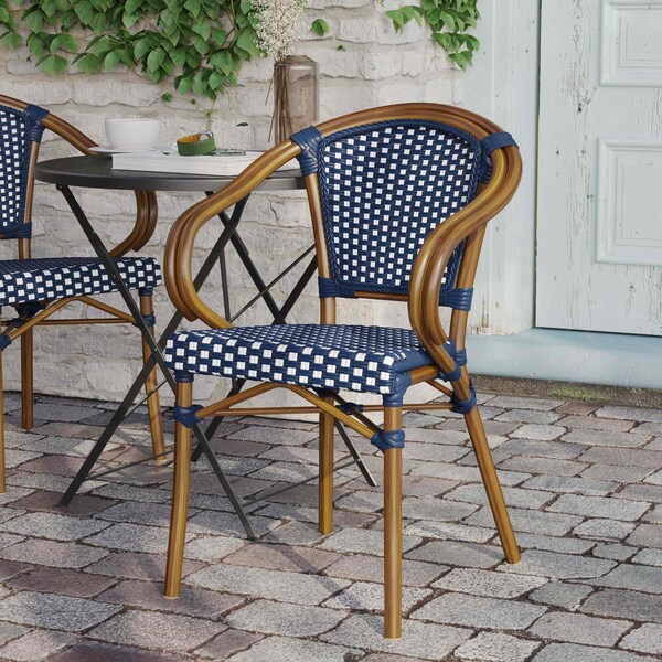 Flash Furniture Bordeaux French Bistro Stacking Chair w/Arms, Navy and White PE Rattan and Bamboo Print Alum Frame - SDA-ADS642142-NVYWH-NAT-GG