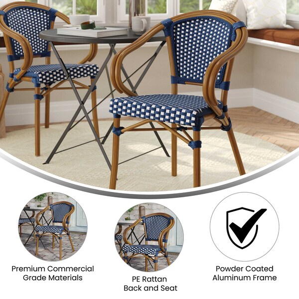 Flash Furniture Bordeaux French Bistro Stacking Chair w/Arms, Navy and White PE Rattan and Bamboo Print Alum Frame - SDA-ADS642142-NVYWH-NAT-GG