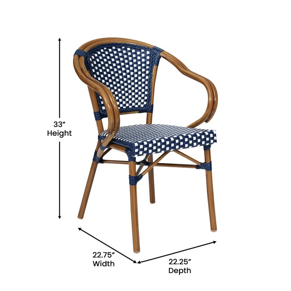 Flash Furniture Bordeaux French Bistro Stacking Chair w/Arms, Navy and White PE Rattan and Bamboo Print Alum Frame - SDA-ADS642142-NVYWH-NAT-GG