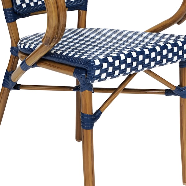 Flash Furniture Bordeaux French Bistro Stacking Chair w/Arms, Navy and White PE Rattan and Bamboo Print Alum Frame - SDA-ADS642142-NVYWH-NAT-GG