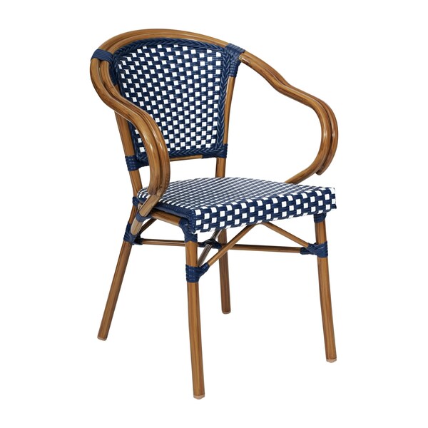 Flash Furniture Bordeaux French Bistro Stacking Chair w/Arms, Navy and White PE Rattan and Bamboo Print Alum Frame - SDA-ADS642142-NVYWH-NAT-GG