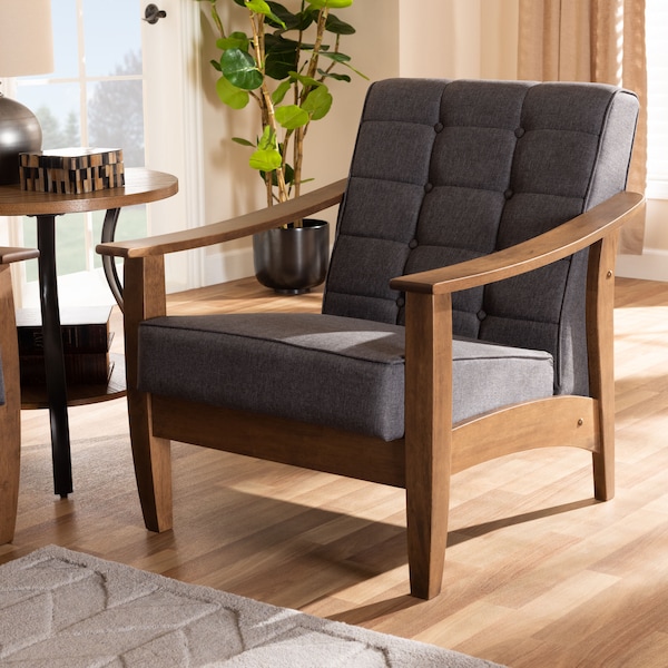 Baxton Studio Larsen Mid-Century Gray Upholstered Walnut Wood Lounge Chair - 153-9162