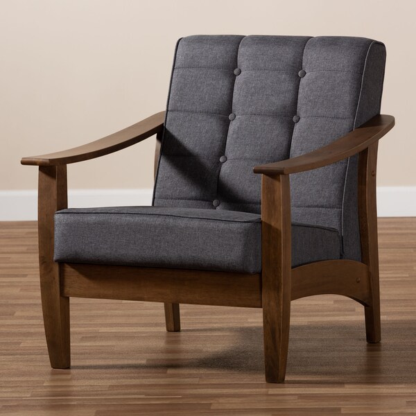 Baxton Studio Larsen Mid-Century Gray Upholstered Walnut Wood Lounge Chair - 153-9162