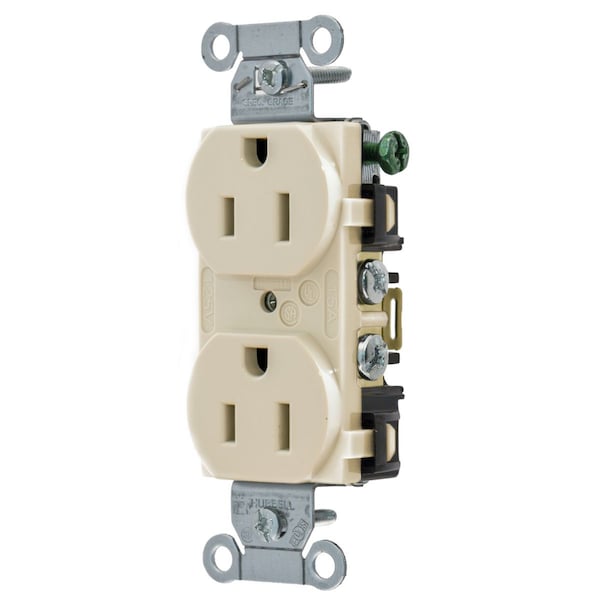 Hubbell Wiring Device-Kellems Straight Blade Devices, Receptacles, Duplex, Commercial/Industrial Grade, 2-Pole 3-Wire Grounding, 15A 125V, 5-15R, Light Almond - 5252ALA