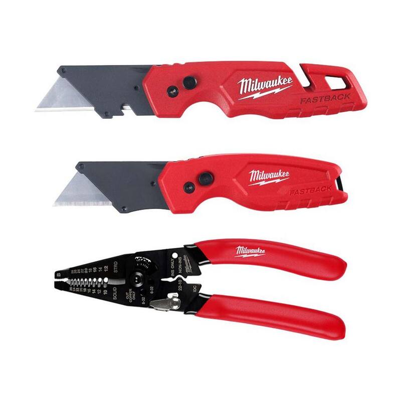 Milwaukee FASTBACK Folding Utility Knife & Compact Folding Utility Knife w/10-28 AWG Multi-Purpose Wire Stripper/Cutter (3-Piece) - 48-22-1503-48-22-3052