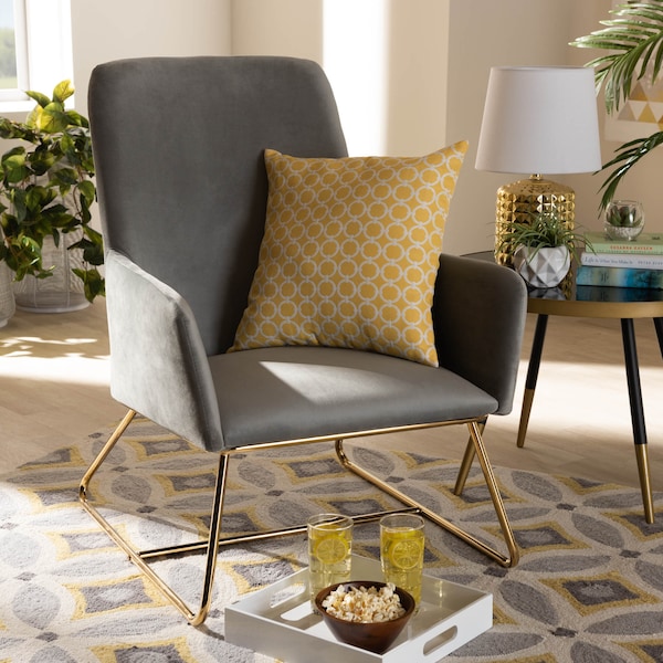 Baxton Studio Sennet Grey Velvet Upholstered Gold Finished Armchair - 160-9909
