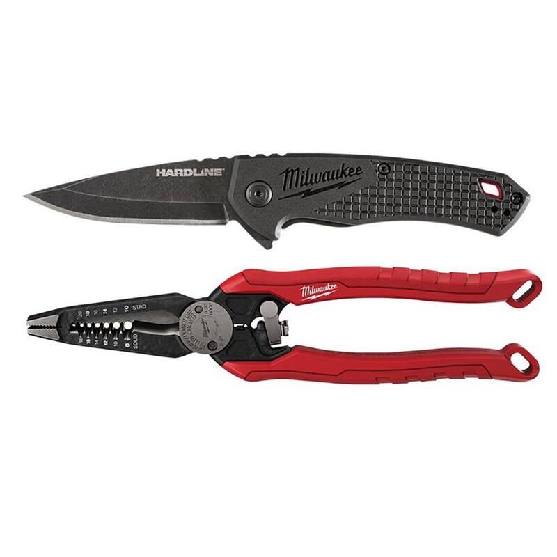 Milwaukee Hardline 2 .5 in. Pocket D 2 Steel Smooth Blade Folding Knife with 7-in-1 Combination Wire Stripper Pliers (2 -Piece) - 48-22-1997-48-22-3078