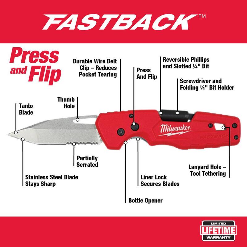 Milwaukee FASTBACK 3 in. 5-in-1 Folding Knife and Wood Milled Face Hickory Framing Hammer (2-Piece) - 48-22-1540-48-22-9419