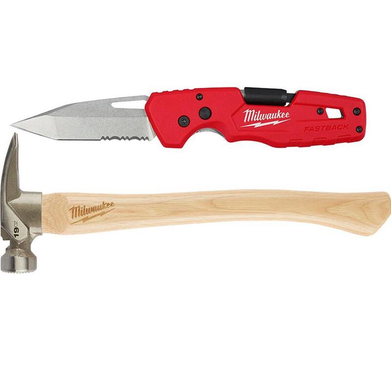 Milwaukee FASTBACK 3 in. 5-in-1 Folding Knife and Wood Milled Face Hickory Framing Hammer (2-Piece) - 48-22-1540-48-22-9419