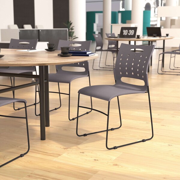 Flash Furniture 881 lb. Capacity Gray Sled Base Stack Chair - RUT-2-GY-BK-GG