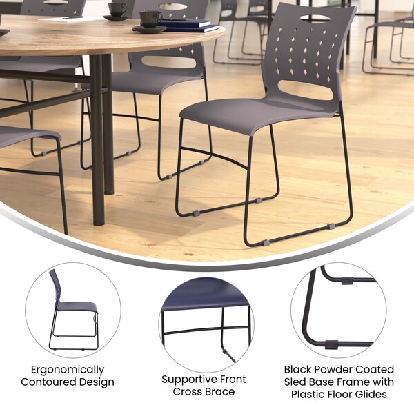 Flash Furniture 881 lb. Capacity Gray Sled Base Stack Chair - RUT-2-GY-BK-GG