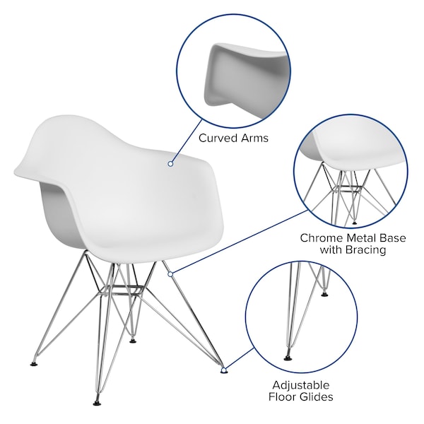 Flash Furniture Alonza Chair, White Seat, White Back, 24.5 W 25" L 31.25 H, Chrome, Polypropylene Seat - FH-132-CPP1-WH-GG