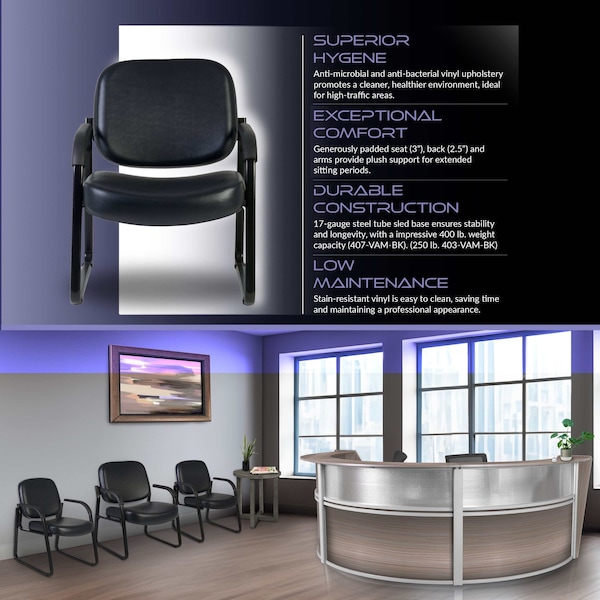Regency Victor Big & Tall 400LBS Reception Chair With Arms, Anti-Microbial/Anti-Bacterial Vinyl, Black - 407-VAM-BK