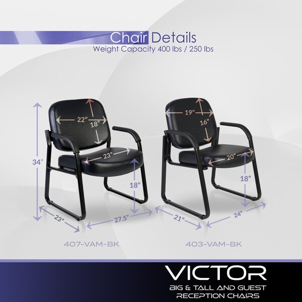 Regency Victor Big & Tall 400LBS Reception Chair With Arms, Anti-Microbial/Anti-Bacterial Vinyl, Black - 407-VAM-BK