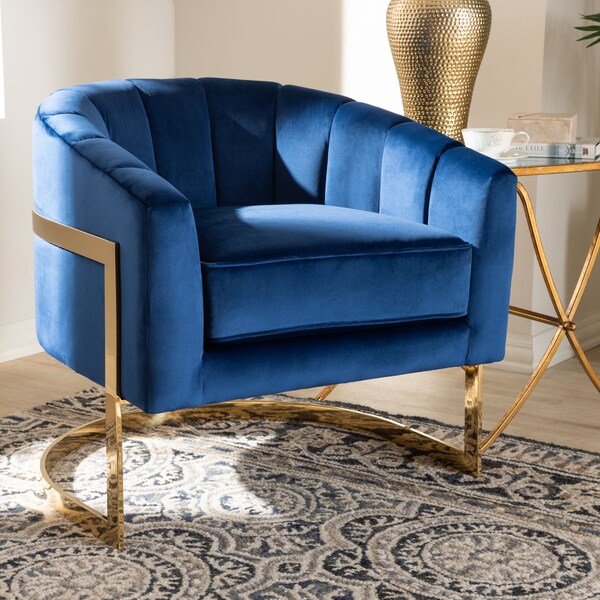 Baxton Studio Tomasso Blue Velvet Upholstered Gold-Finished Lounge Chair - 152-9264