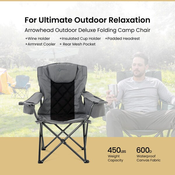 Arrowhead Outdoor Portable Folding Camping Quad Chair with 6-Can Armrest Cooler, Granite Gray - KKS0316U