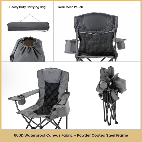 Arrowhead Outdoor Portable Folding Camping Quad Chair with 6-Can Armrest Cooler, Granite Gray - KKS0316U