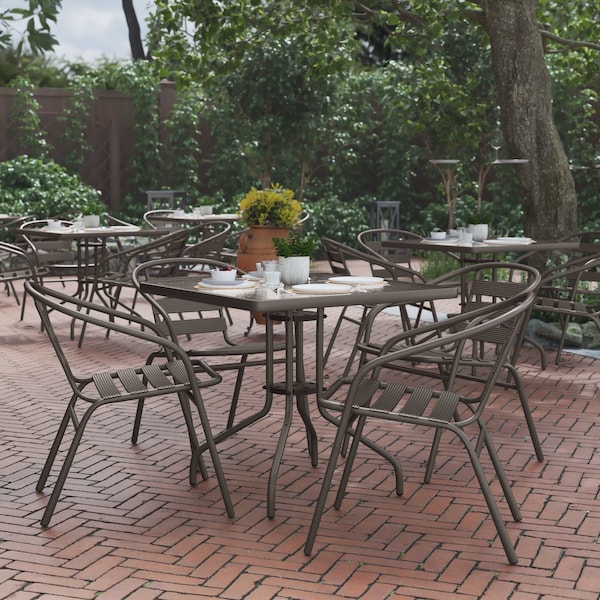 Flash Furniture Lila 31.5in Square Glass Top Metal Table with 4 Bronze Aluminum Slat Stack Chairs - TLH-0732SQ-017CBZ4-GG