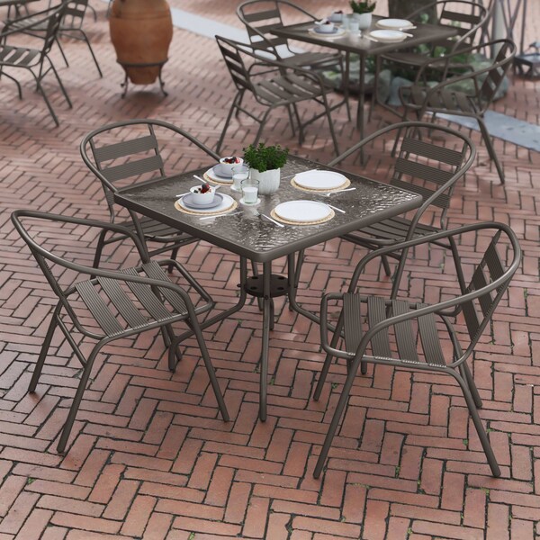 Flash Furniture Lila 31.5in Square Glass Top Metal Table with 4 Bronze Aluminum Slat Stack Chairs - TLH-0732SQ-017CBZ4-GG