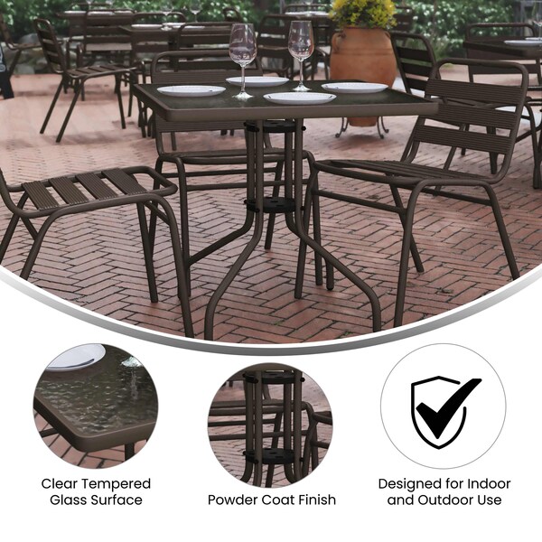 Flash Furniture Lila 31.5in Square Glass Top Metal Table with 4 Bronze Aluminum Slat Stack Chairs - TLH-0732SQ-017CBZ4-GG