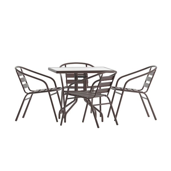 Flash Furniture Lila 31.5in Square Glass Top Metal Table with 4 Bronze Aluminum Slat Stack Chairs - TLH-0732SQ-017CBZ4-GG