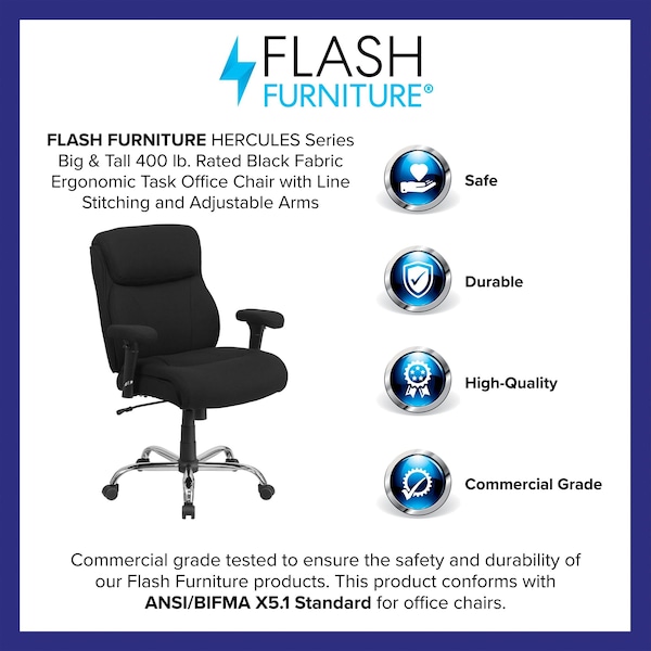 Flash Furniture Hercules Task Office Chair, Black Back, 29-1/2 in W 29" L 44" H, Adjustable Padded, Fabric Seat - GO-2031F-GG
