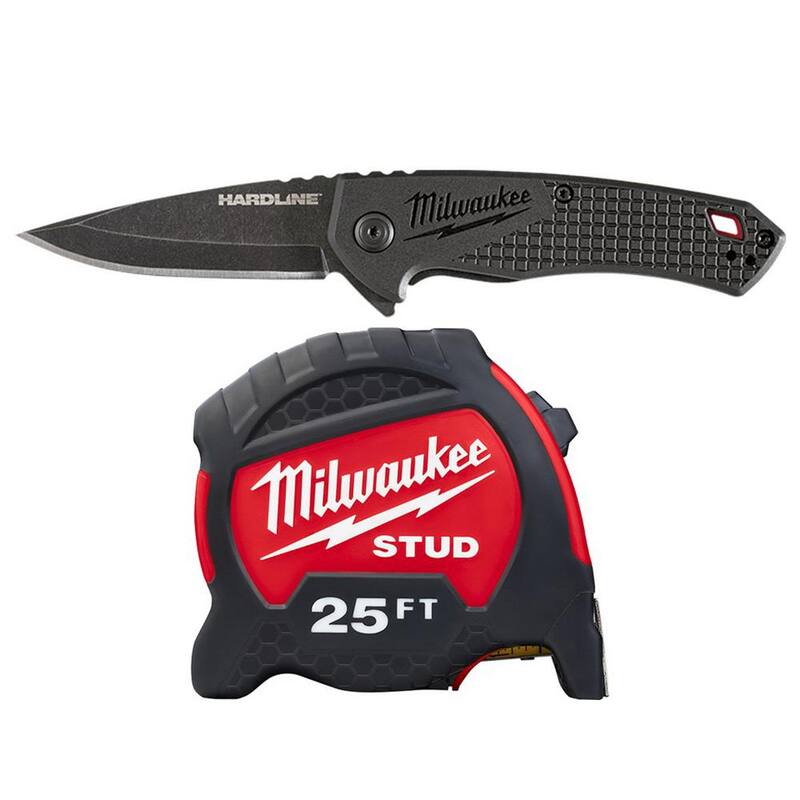 Milwaukee Hardline 2 .5 in. D 2 Steel Smooth Blade Pocket Folding Knife with 2 5 ft. Gen II STUD Tape Measure (2 -Piece) - 48-22-1997-48-22-9725