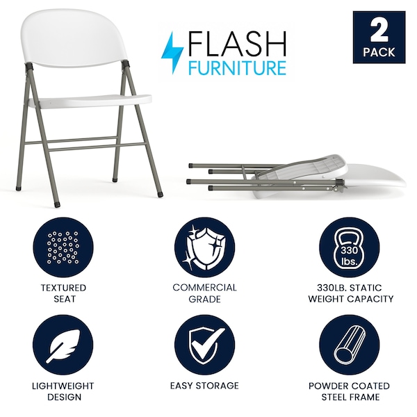 Flash Furniture White Plastic Folding Chair - 2-DAD-YCD-70-WH-GG