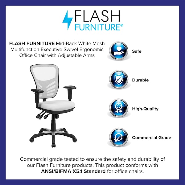 Flash Furniture Contemporary Chair Mid-Back Exec Chair, White, Adjustable Arms, 18" to 23" Height, Mesh, White - HL-0001-WH-GG