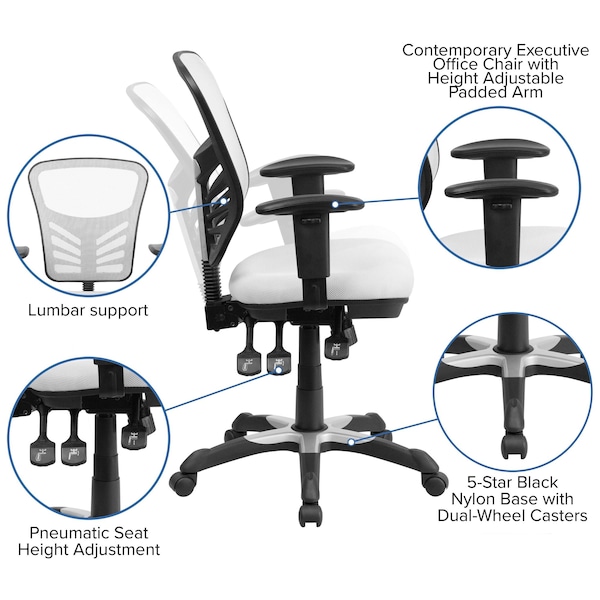 Flash Furniture Contemporary Chair Mid-Back Exec Chair, White, Adjustable Arms, 18" to 23" Height, Mesh, White - HL-0001-WH-GG